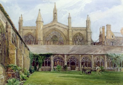 New College cloisters with gardener, 1887 by John Fulleylove